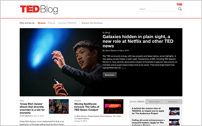 WordPress网站设计灵感精选:10个惊艳案例与实用技巧 9 TED博客网站上WordPress网页设计截图示例